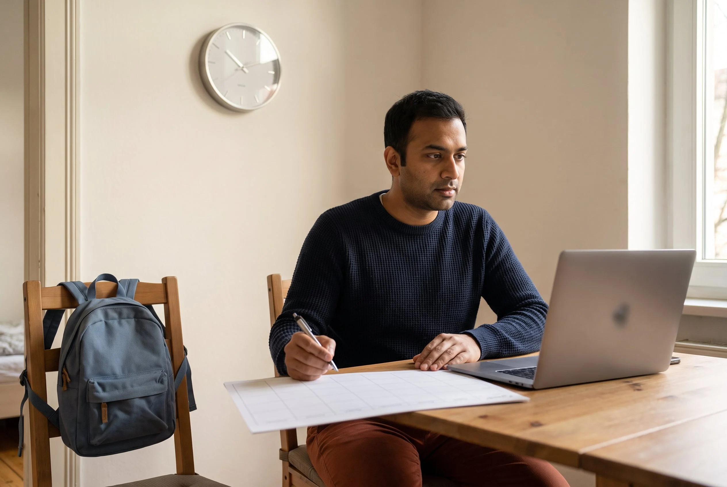 Ein Vater plant zu Hause mit Wochenübersicht und Laptop seine Kurszeiten