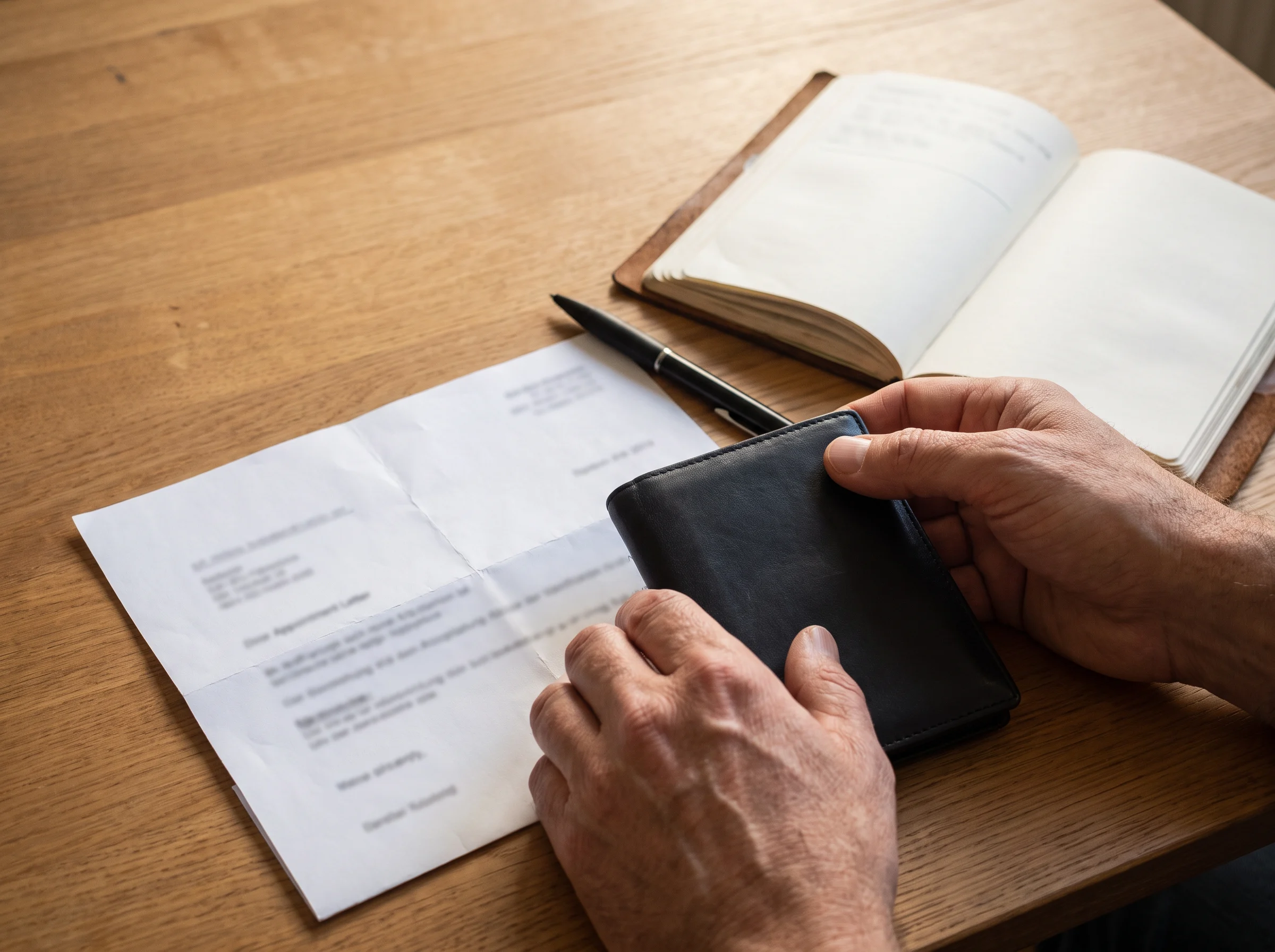 Hände ordnen eine neutrale Dokumentenhülle, ein unscharfes Schreiben und ein Notizbuch